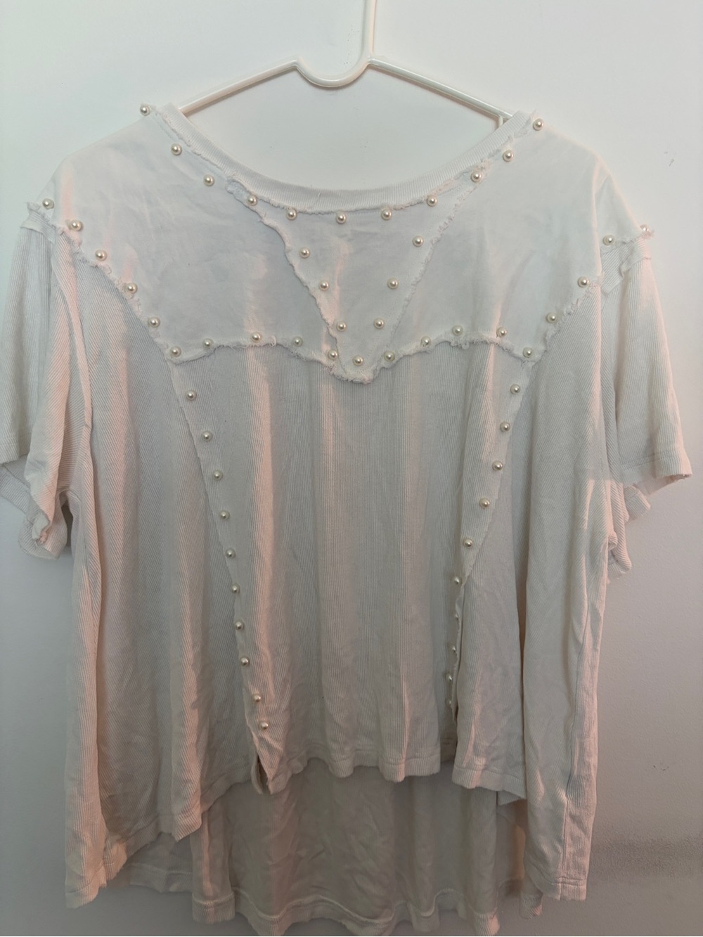 solo Cream Short Sleeve Top with Pearl Trim